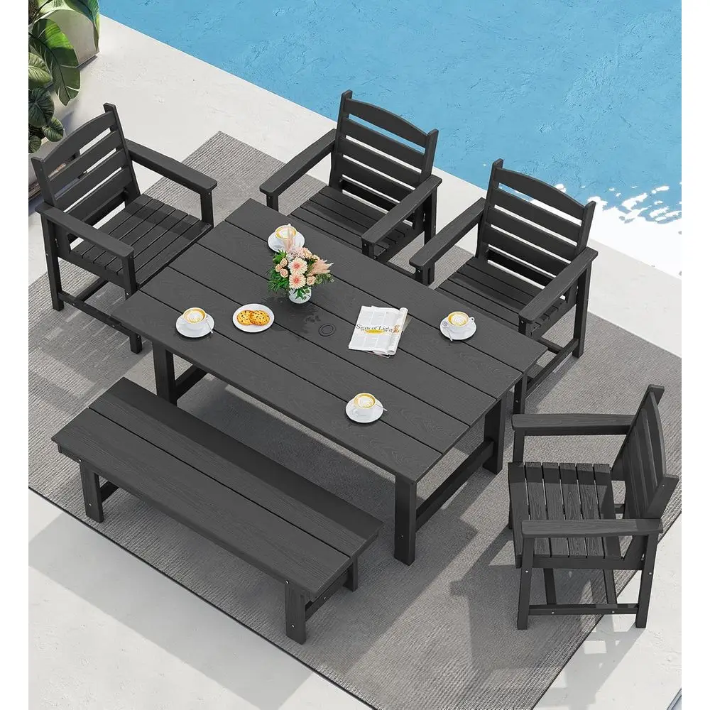 Patio Dining Table and Bench Set or 6, Black
Patio Dining Table and Bench Set or 6, Black