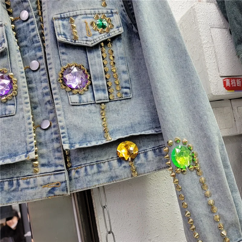 Spring Women Vintage Blue Diamonds Rivet Big Pocket Long Sleeve Denim Jackets Cowboy Outerwear Loose Short Jeans Jacket Female
Spring Women Vintage Blue Diamonds Rivet Big Pocket Long Sleeve Denim Jackets Cowboy Outerwear Loose Short Jeans Jacket Female