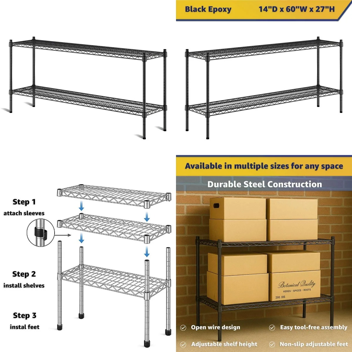 14D x 60W x 27H Black Wire Shelving Unit 2-Tier Heavy Duty Commercial Storage Rack, Customized
14D x 60W x 27H Black Wire Shelving Unit 2-Tier Heavy Duty Commercial Storage Rack, Customized