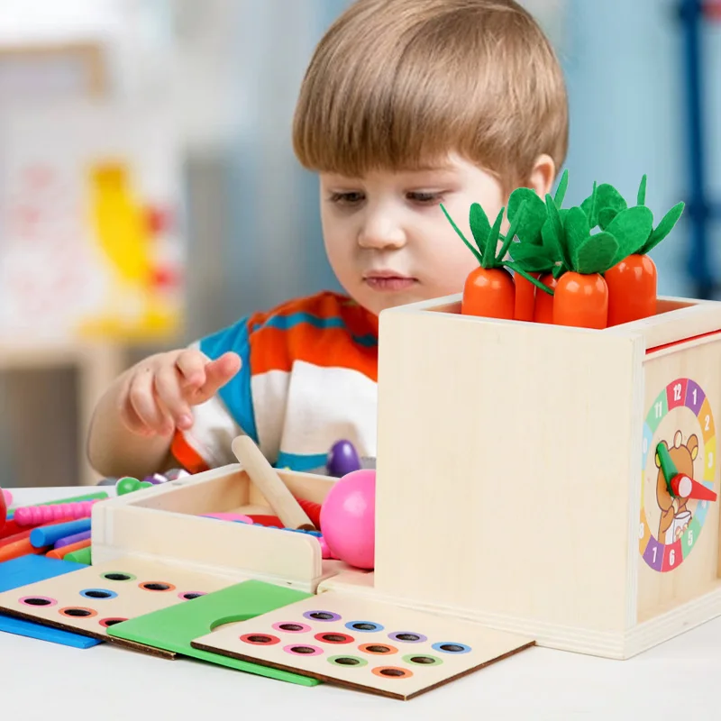 New 6-in-1 Wooden Montessori Toy Play Kit Object Permanence Box Play Set with Coin Box Carrot Harvest Shape Sorter Ball Drop Toy
New 6-in-1 Wooden Montessori Toy Play Kit Object Permanence Box Play Set with Coin Box Carrot Harvest Shape Sorter Ball Drop Toy