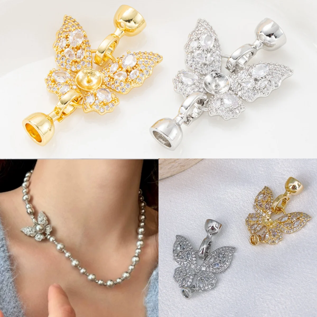 1 Piece Copper Plated 18K Gold Fully Set with Zircon Butterfly Pearl Necklace Connecting Buckle DIY Jewelry Handmade Accessories 
1 Piece Copper Plated 18K Gold Fully Set with Zircon Butterfly Pearl Necklace Connecting Buckle DIY Jewelry Handmade Accessories