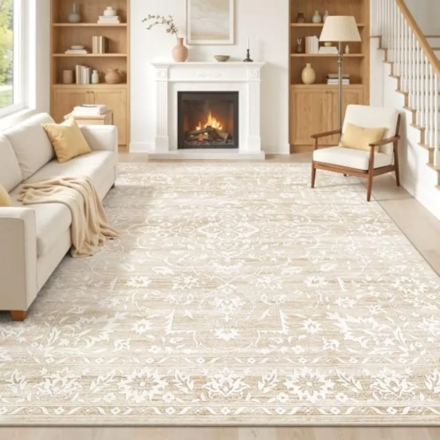 Washable area rug for living room, dining room, bedroom, home office; vintage floral design on neutral beige low-pile non-slip
Washable area rug for living room, dining room, bedroom, home office; vintage floral design on neutral beige low-pile non-slip