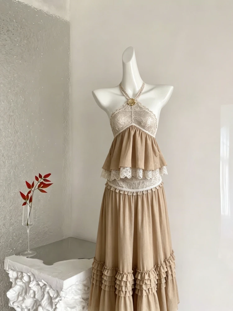 Summer French Elegant 2 Piece Set for Women Halter High Waist Design Midi Skirt Suit Female Chic Retro Holiday Travel Outfits
Summer French Elegant 2 Piece Set for Women Halter High Waist Design Midi Skirt Suit Female Chic Retro Holiday Travel Outfits