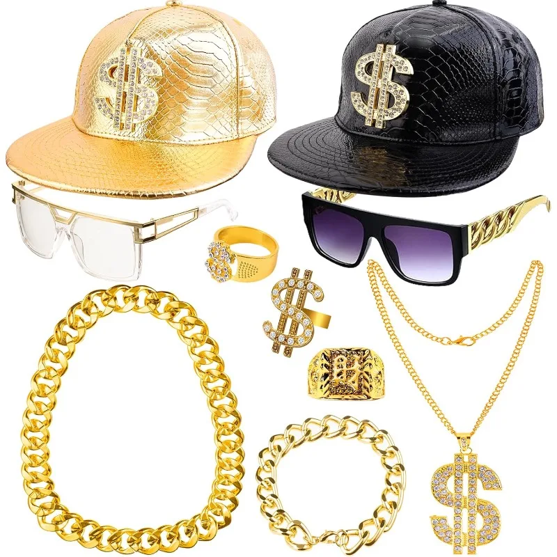 80s Hip Hop Costume Kit Baseball Cap Punk Sunglasses Rapper Accessories Faux Gold Chain Bracelet Ring Halloween Party Decoration
80s Hip Hop Costume Kit Baseball Cap Punk Sunglasses Rapper Accessories Faux Gold Chain Bracelet Ring Halloween Party Decoration