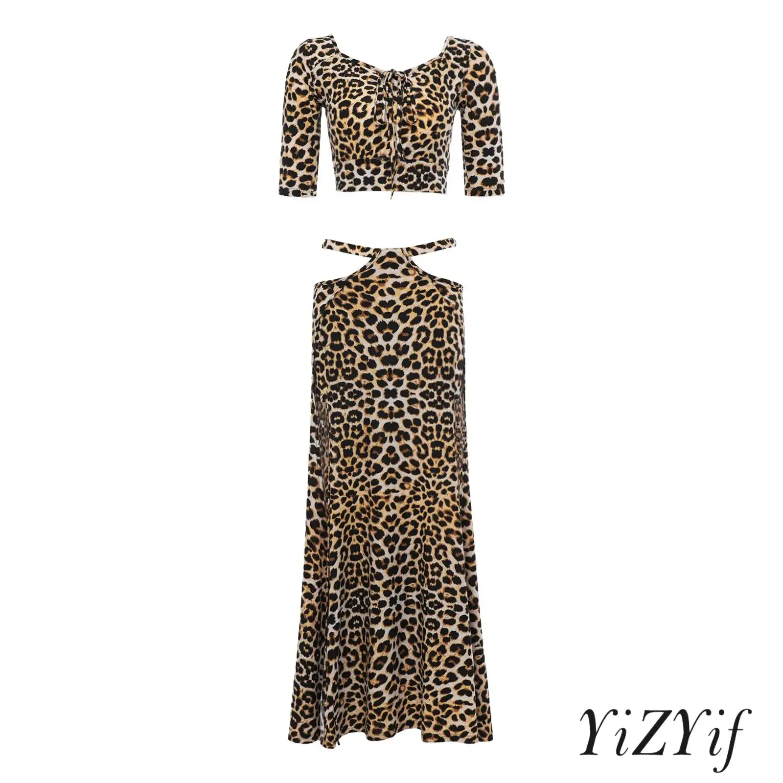 Women Leopard Print Belly Dance Set Half Sleeve Hollow Crop Top Drawstring Front with Cutout Waist Split Skirt Built In Shorts
Women Leopard Print Belly Dance Set Half Sleeve Hollow Crop Top Drawstring Front with Cutout Waist Split Skirt Built In Shorts