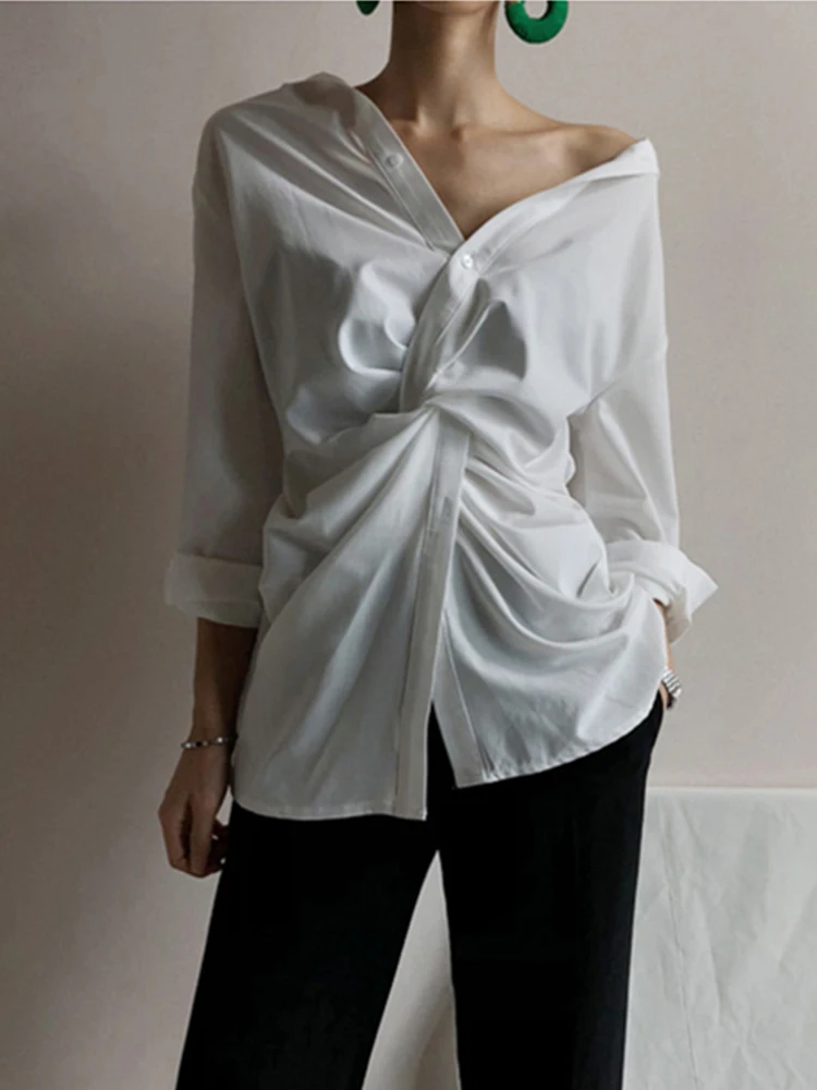 White Loose Women's Shirt Cross Design Sense Irregular Fashion Expose Clavicle Twist Knot Top Summer Cotton Polyester Blend
White Loose Women's Shirt Cross Design Sense Irregular Fashion Expose Clavicle Twist Knot Top Summer Cotton Polyester Blend