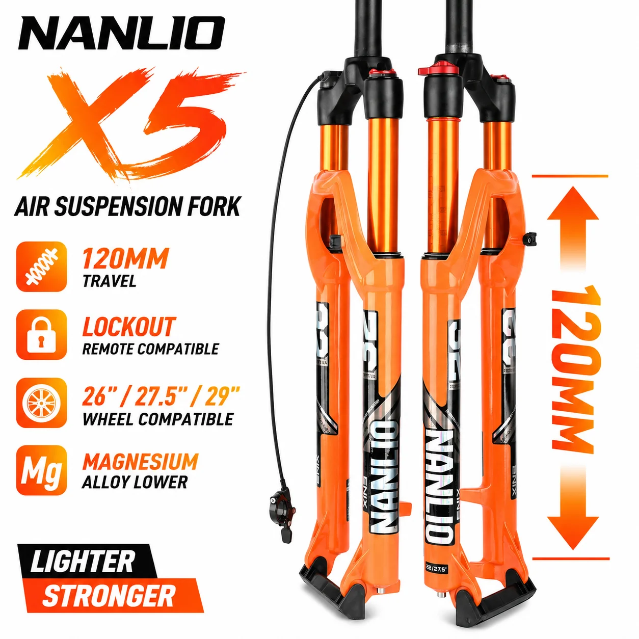 Nanlio X5 MTB Air Suspension Fork 120mm Travel 26 27.5 29 Inch Bike Front Fork Remote Lockout Magnesium Alloy
Nanlio X5 MTB Air Suspension Fork 120mm Travel 26 27.5 29 Inch Bike Front Fork Remote Lockout Magnesium Alloy