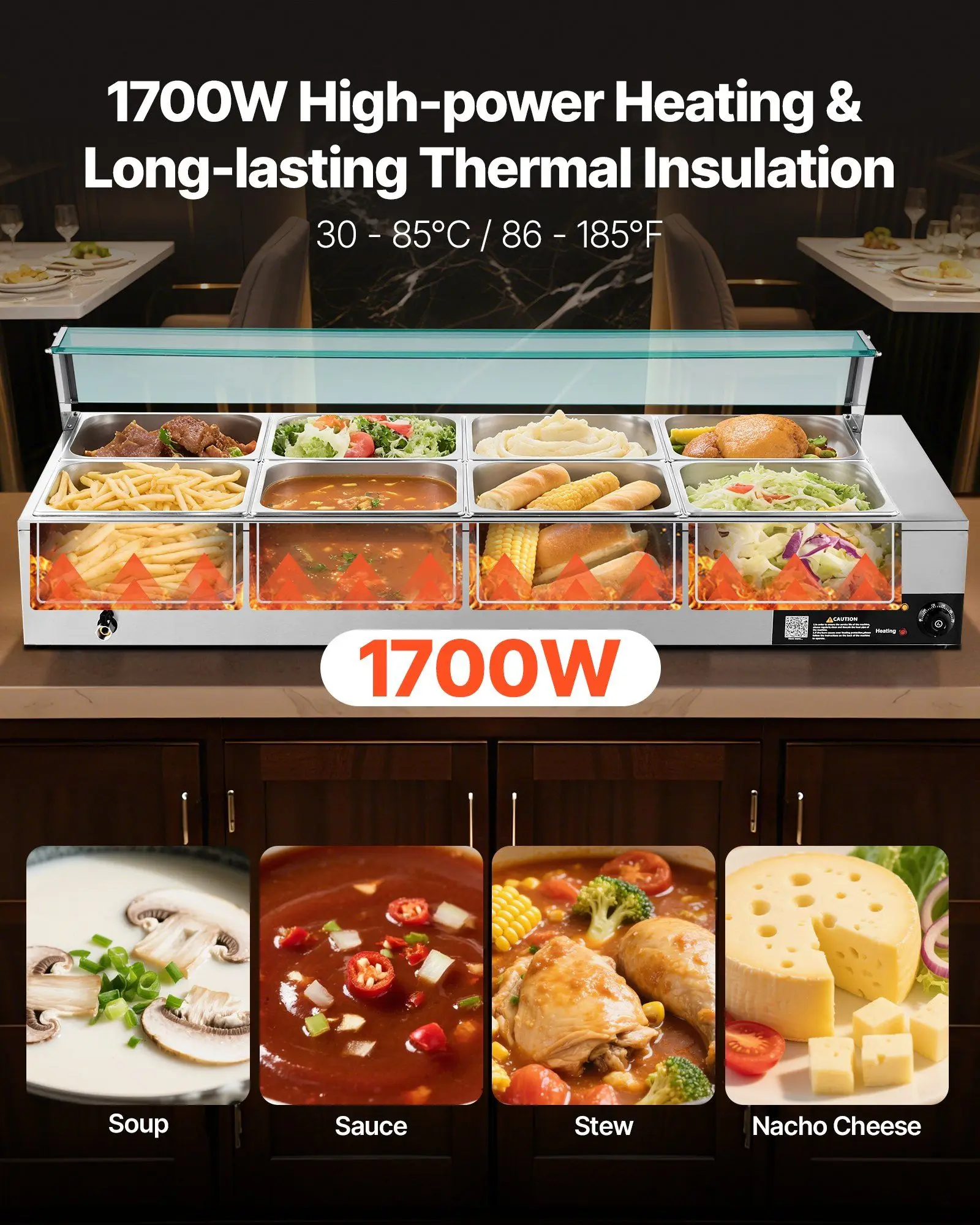 Commercial Food Warmer, 1700W Electric Stainless Steel Steam Food Warmer with Glass Cover, 8-Pan Countertop Buffet Bain Marie
Commercial Food Warmer, 1700W Electric Stainless Steel Steam Food Warmer with Glass Cover, 8-Pan Countertop Buffet Bain Marie