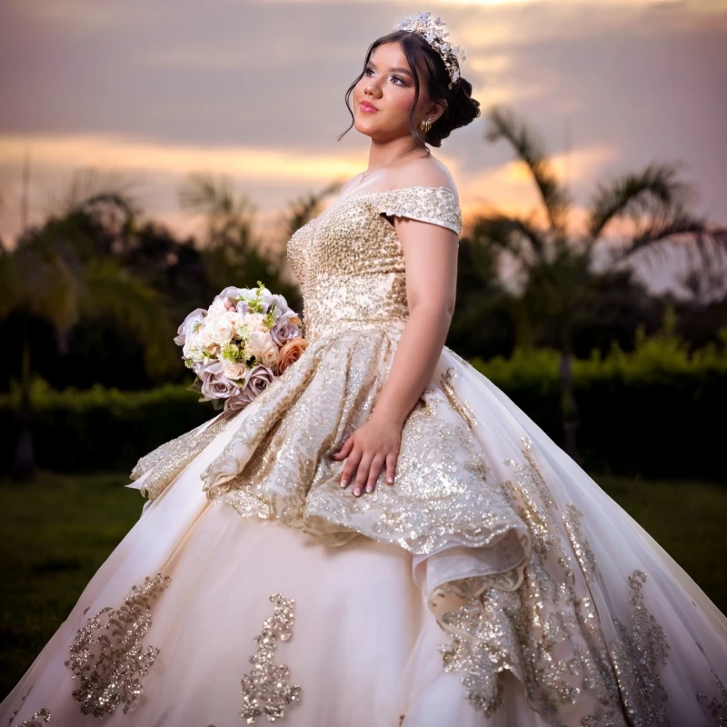 Champagne Shiny Ball Gown Quinceanera Dresses Sequin Applique Lace Beading Crystal Tull Off Shoulder Sweet 16 Dress Vestidos 15
Champagne Shiny Ball Gown Quinceanera Dresses Sequin Applique Lace Beading Crystal Tull Off Shoulder Sweet 16 Dress Vestidos 15