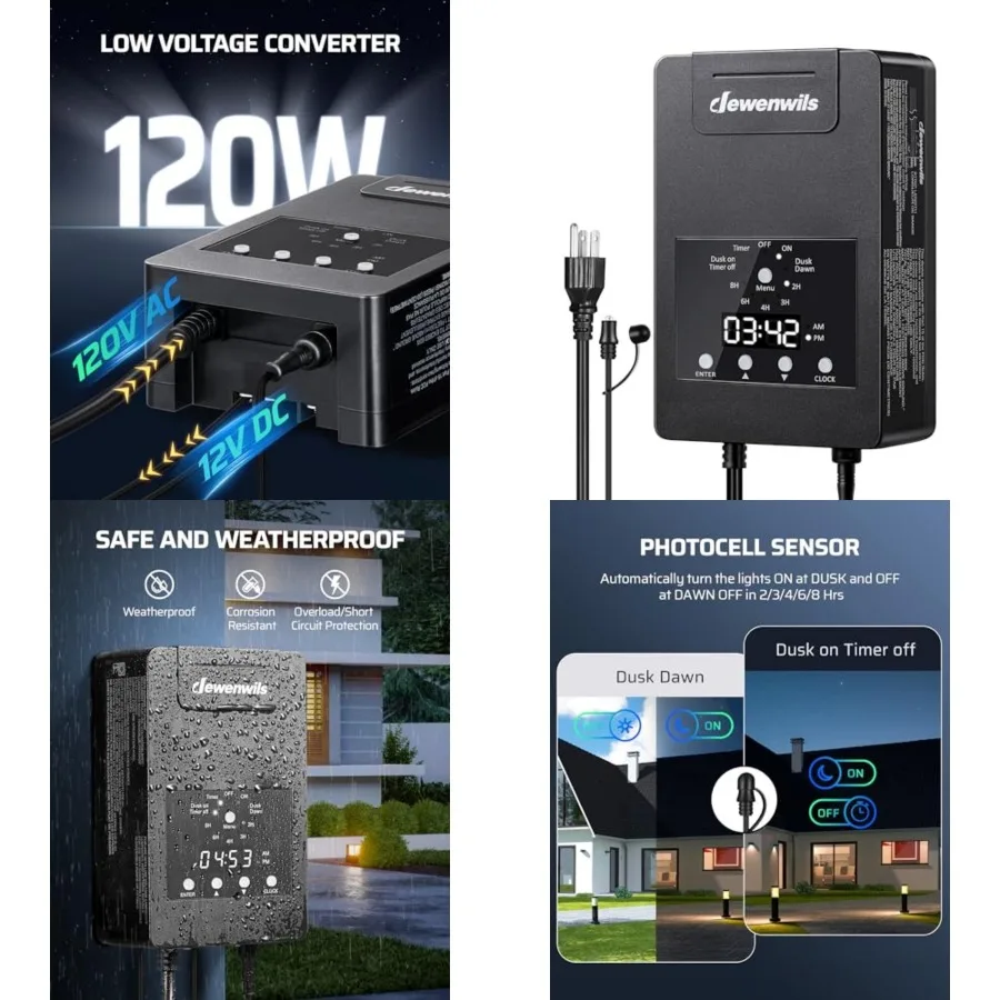 120W Low Voltage Transformer with Photocell Sensor and Timer, 120V AC to 12V DC, Weatherproof Landscape Lighting Transformer fo
120W Low Voltage Transformer with Photocell Sensor and Timer, 120V AC to 12V DC, Weatherproof Landscape Lighting Transformer fo