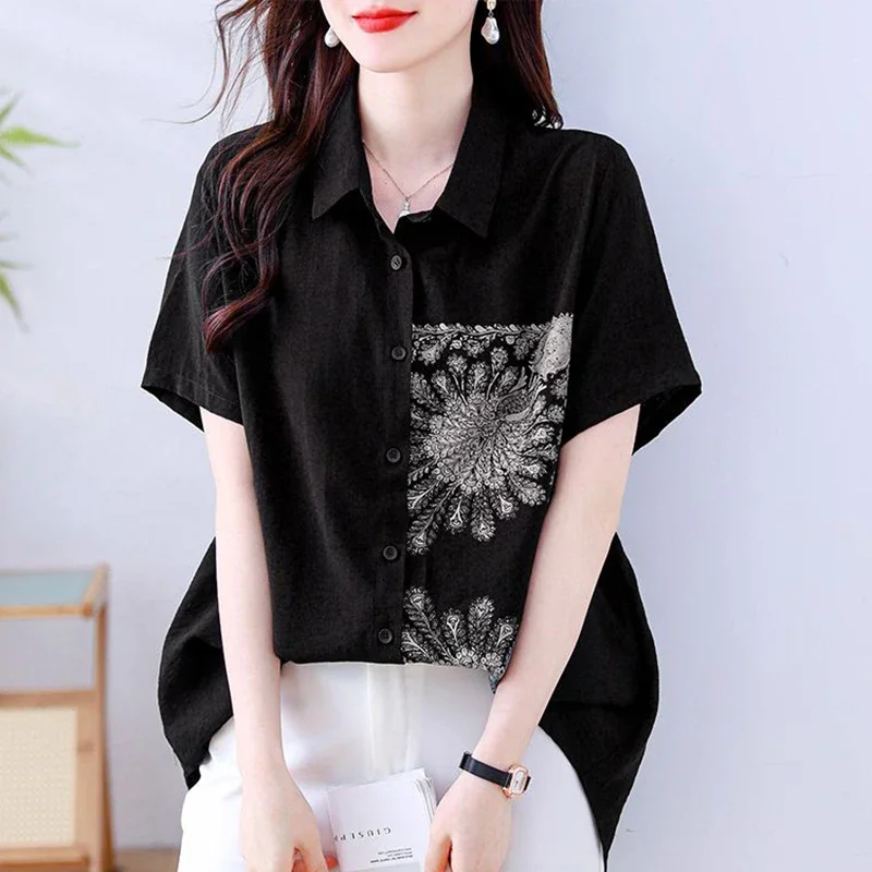 Fashion Lapel Button Loose Printed Asymmetrical Shirt Women's Clothing Summer New Casual Tops All-match Office Lady Blouse Z693
Fashion Lapel Button Loose Printed Asymmetrical Shirt Women's Clothing Summer New Casual Tops All-match Office Lady Blouse Z693