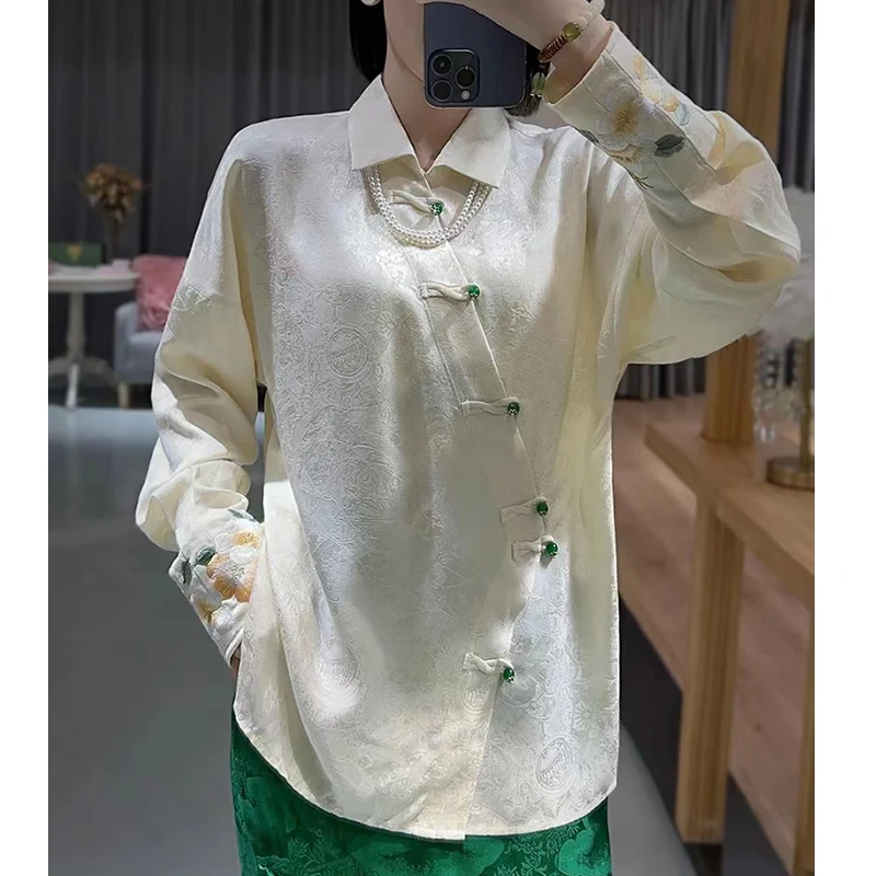 Spring Fashion New Embroidered Silk Jacquard +Embroidery Shirt Vintage Small Flip Collar Asymmetric Single Breasted Top S-XXL
Spring Fashion New Embroidered Silk Jacquard +Embroidery Shirt Vintage Small Flip Collar Asymmetric Single Breasted Top S-XXL