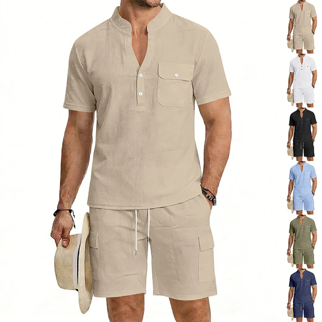 American summer men's casual linen suit, outdoor loose and breathable workwear sports Henry short-sleeved shorts set
American summer men's casual linen suit, outdoor loose and breathable workwear sports Henry short-sleeved shorts set