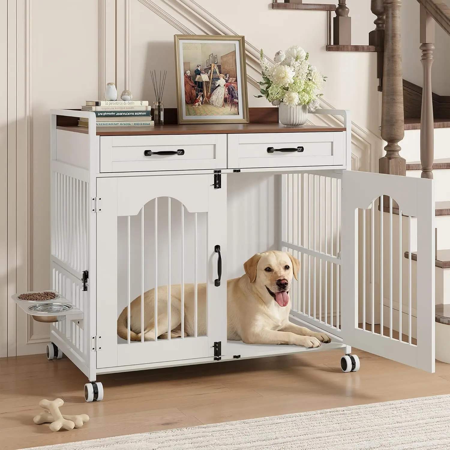 Dog Crate Furniture, 39' Wooden Dog Kennel Indoor with 2 Storage Drawers and Adjustable Bowls, End
Dog Crate Furniture, 39' Wooden Dog Kennel Indoor with 2 Storage Drawers and Adjustable Bowls, End