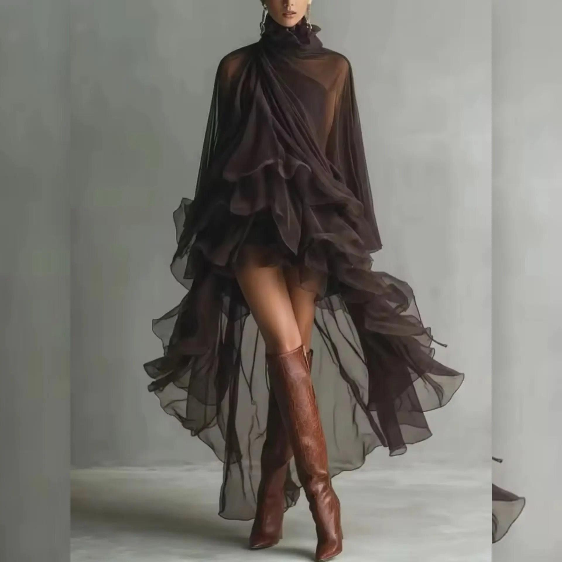 Sheer Ruffled High Neck Dress for Women Asymmetric Long Maxi Dress with Layered Tulle Sexy Party Evening Dark Brown Gothic Style
Sheer Ruffled High Neck Dress for Women Asymmetric Long Maxi Dress with Layered Tulle Sexy Party Evening Dark Brown Gothic Style