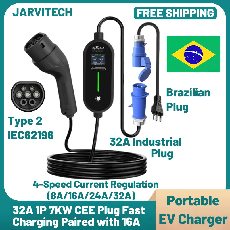 7KW 32A Portable EV Charger with 16A Brazilian Plug 3M 5M 10M Cable Type 2 IEC62196 Electric Vehicle Wall Box Adapter
7KW 32A Portable EV Charger with 16A Brazilian Plug 3M 5M 10M Cable Type 2 IEC62196 Electric Vehicle Wall Box Adapter