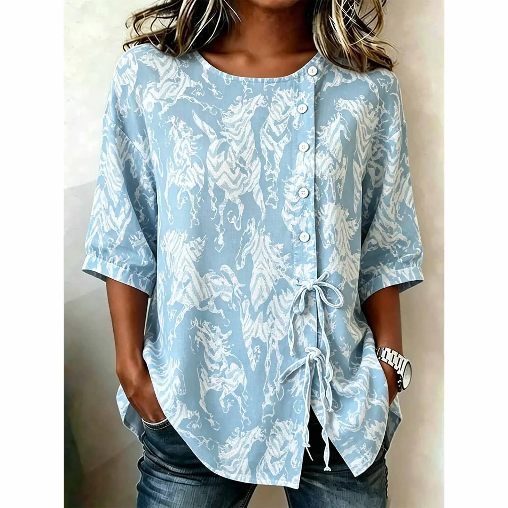 Women Light Blue Zebra Print Side Tie Half Sleeve Top
Women Light Blue Zebra Print Side Tie Half Sleeve Top
