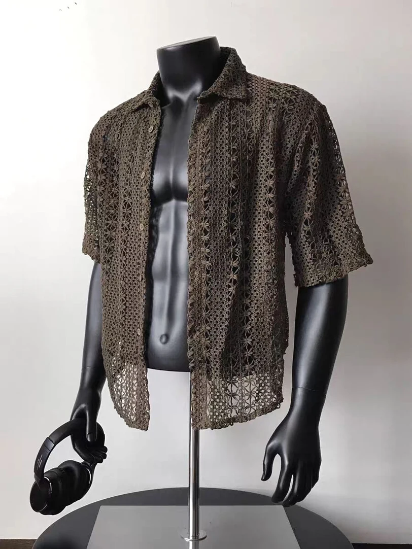 Men's Sexy See-through Short Sleeve Shirt Hollow-out Knitted Cardigan American Retro Mesh Lace Shirt Breathable Summer Fashion
Men's Sexy See-through Short Sleeve Shirt Hollow-out Knitted Cardigan American Retro Mesh Lace Shirt Breathable Summer Fashion