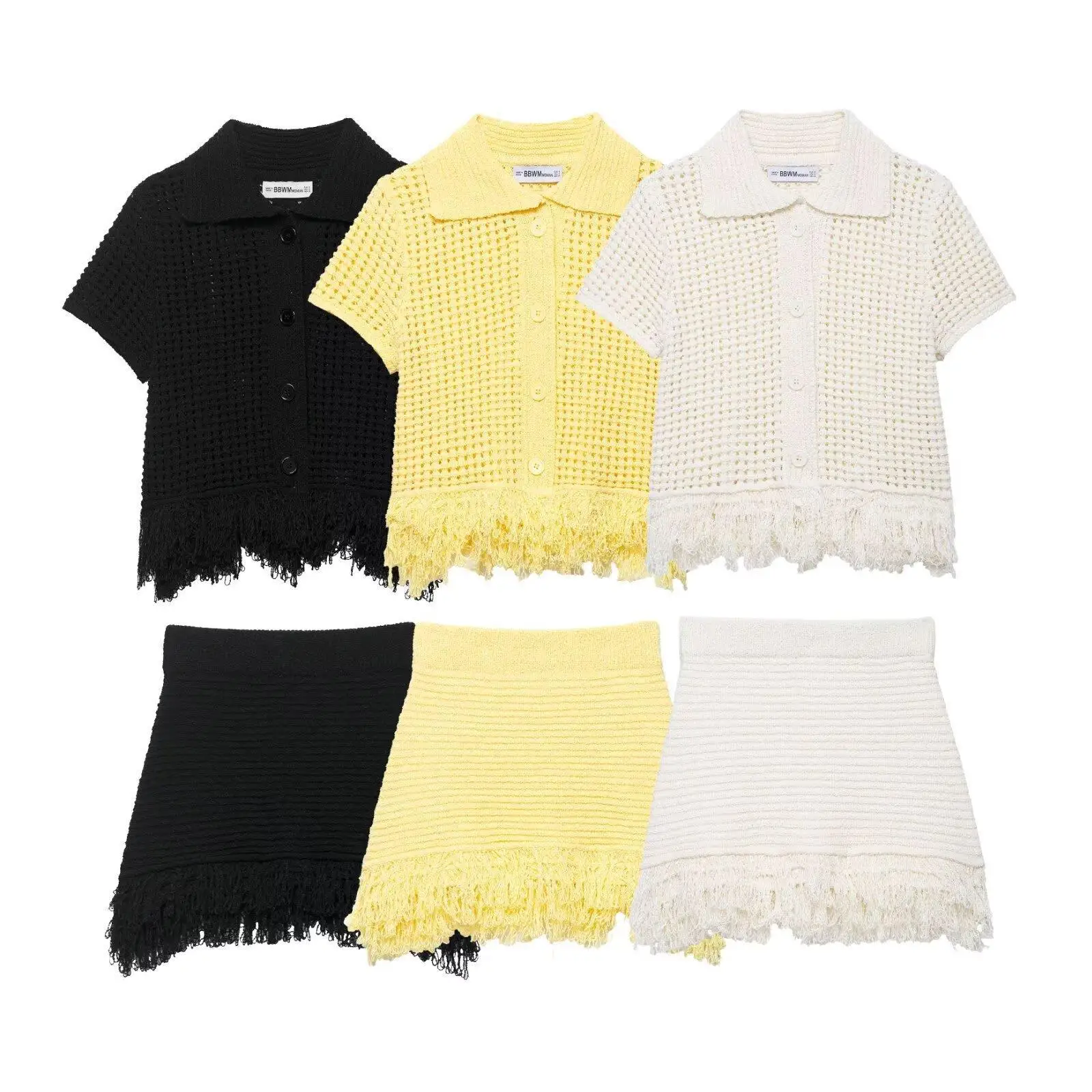Women's Mini Skirts Set Short Sleeve Lapel Single-Breasted Knitted Top with Fringe Decor High Waist A-Line Skirt Female Suit
Women's Mini Skirts Set Short Sleeve Lapel Single-Breasted Knitted Top with Fringe Decor High Waist A-Line Skirt Female Suit
