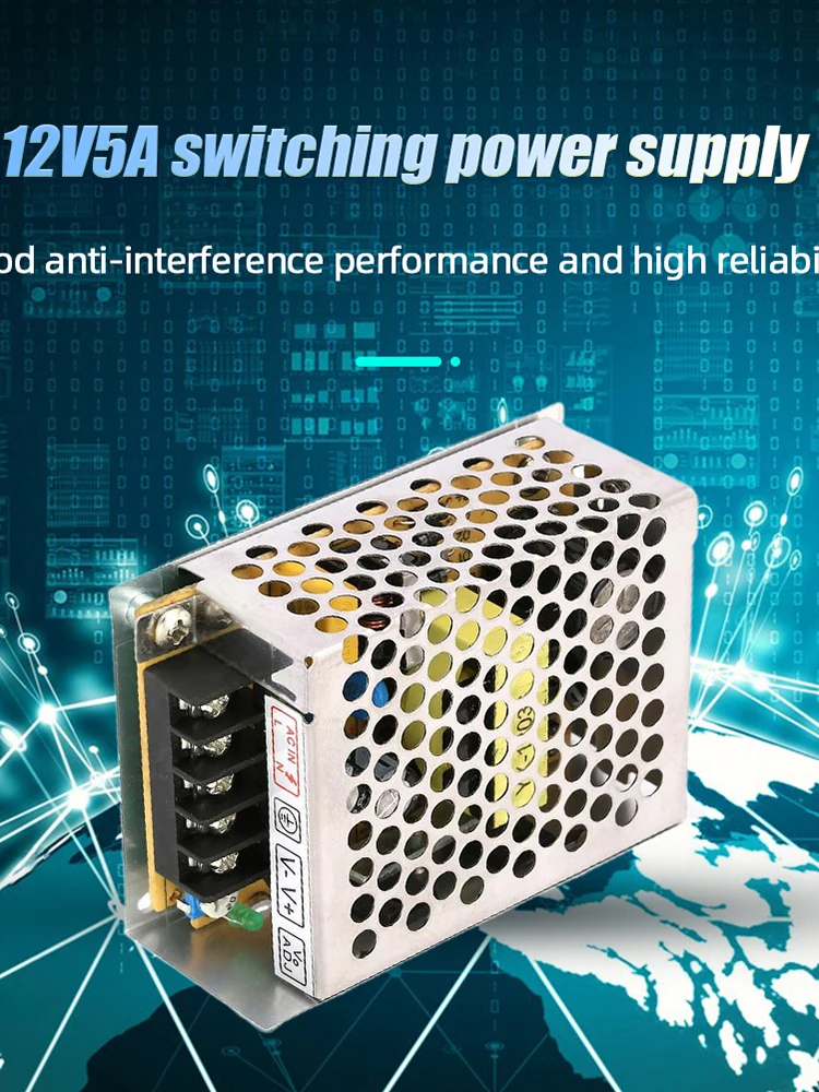 Блок питания 12В 5А 60Вт, трансформатор 220В AC в 12В DC для светодиодных лент
Блок питания 12В 5А 60Вт, трансформатор 220В AC в 12В DC для светодиодных лент