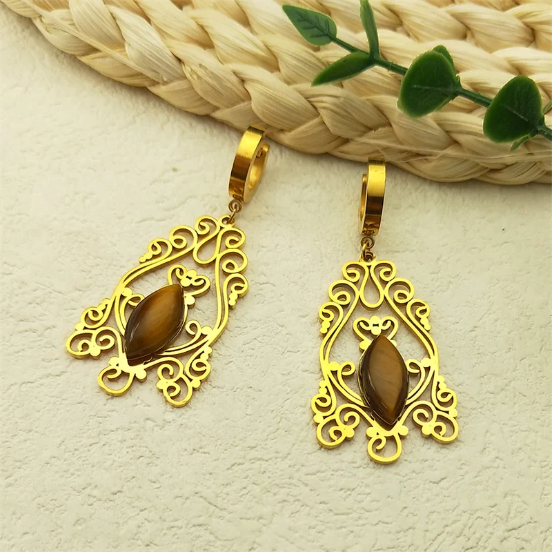 Bohemia Tiger Eye Stone Flower Drop Earrings For Women Stainless Stee Gold Color Long Hollow Hoop Earring Vintage Jewelry Gift
Bohemia Tiger Eye Stone Flower Drop Earrings For Women Stainless Stee Gold Color Long Hollow Hoop Earring Vintage Jewelry Gift