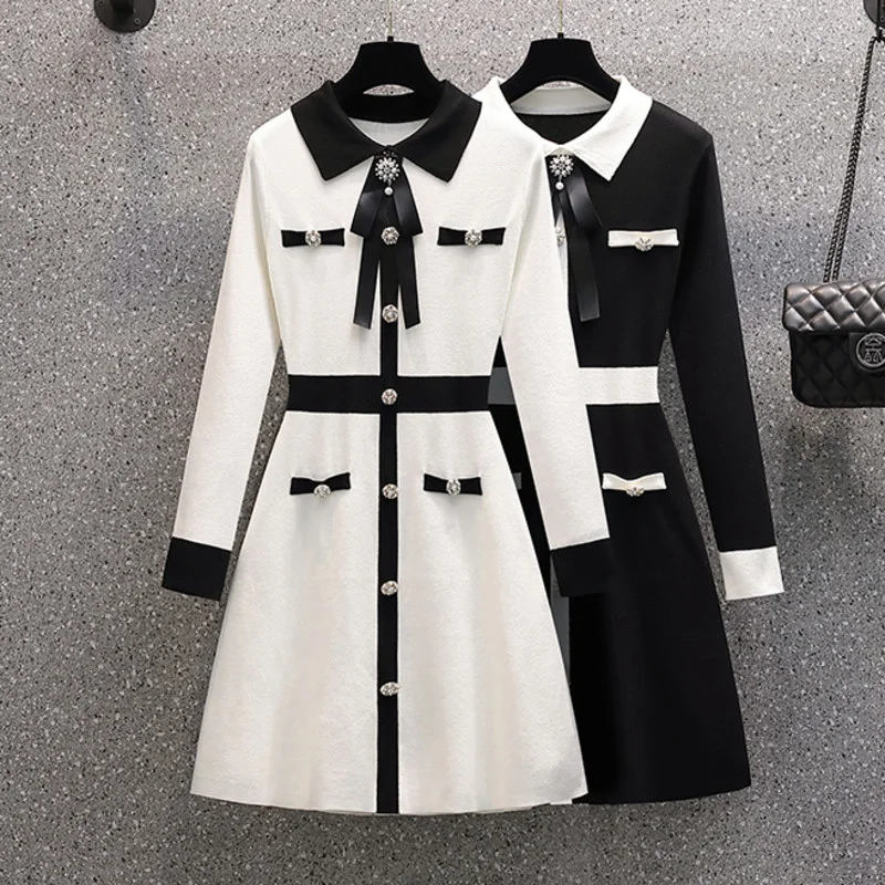 Small Fragrance Fall Winter Knitted Sweater Dress Women Bow Tie Buttons Vintage Party Mini Dress Elegant Casual Chic Robe Femme
Small Fragrance Fall Winter Knitted Sweater Dress Women Bow Tie Buttons Vintage Party Mini Dress Elegant Casual Chic Robe Femme