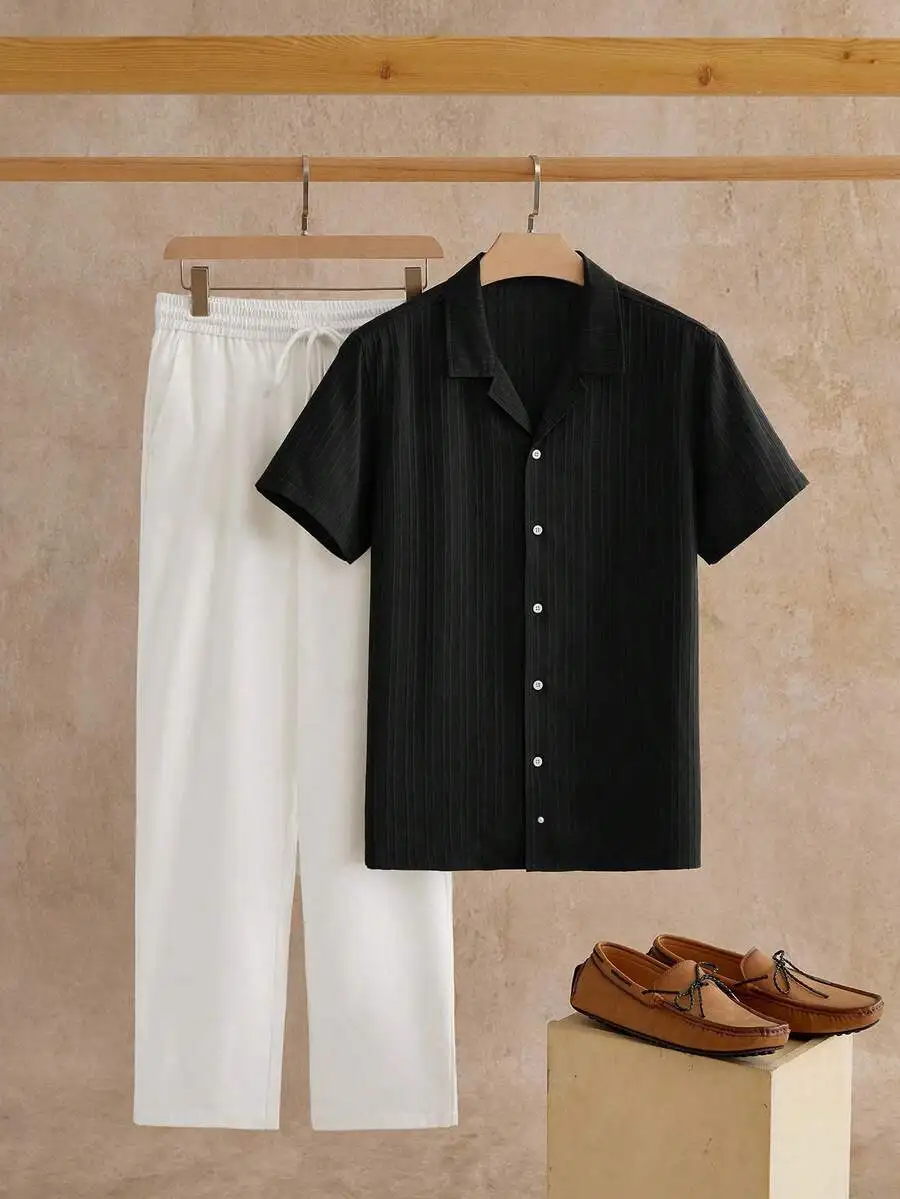 Men's Black Striped Short Sleeve Button-Up Shirt & White Drawstring Pants Set
Men's Black Striped Short Sleeve Button-Up Shirt & White Drawstring Pants Set