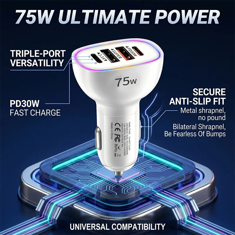 75W Fast Charging Car Adapter 4 Ports USB C Multiport Charger with Color LED Multi-Protocol Support Safe Auto Power Supply
75W Fast Charging Car Adapter 4 Ports USB C Multiport Charger with Color LED Multi-Protocol Support Safe Auto Power Supply