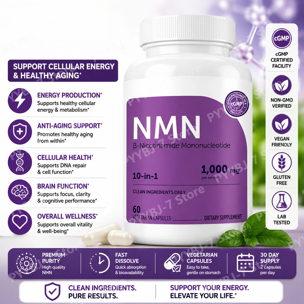 NMN 500mg Daily Support10-in-1 NAD+ Precursor with Resveratrol CoQ10 Wellness Supplement Vegetarian Non-GMO Filler-Free Capsules
NMN 500mg Daily Support10-in-1 NAD+ Precursor with Resveratrol CoQ10 Wellness Supplement Vegetarian Non-GMO Filler-Free Capsules