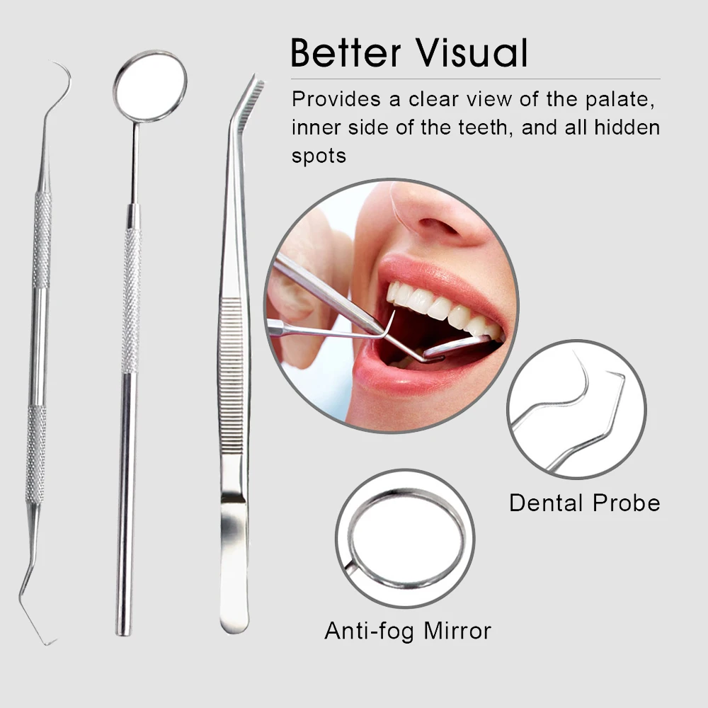 Dental Tools Kit 3pcs Reusable Stainless Steel Teeth Scaler Tartar Scraper and Mouth Mirror for Home and Professional Use
Dental Tools Kit 3pcs Reusable Stainless Steel Teeth Scaler Tartar Scraper and Mouth Mirror for Home and Professional Use