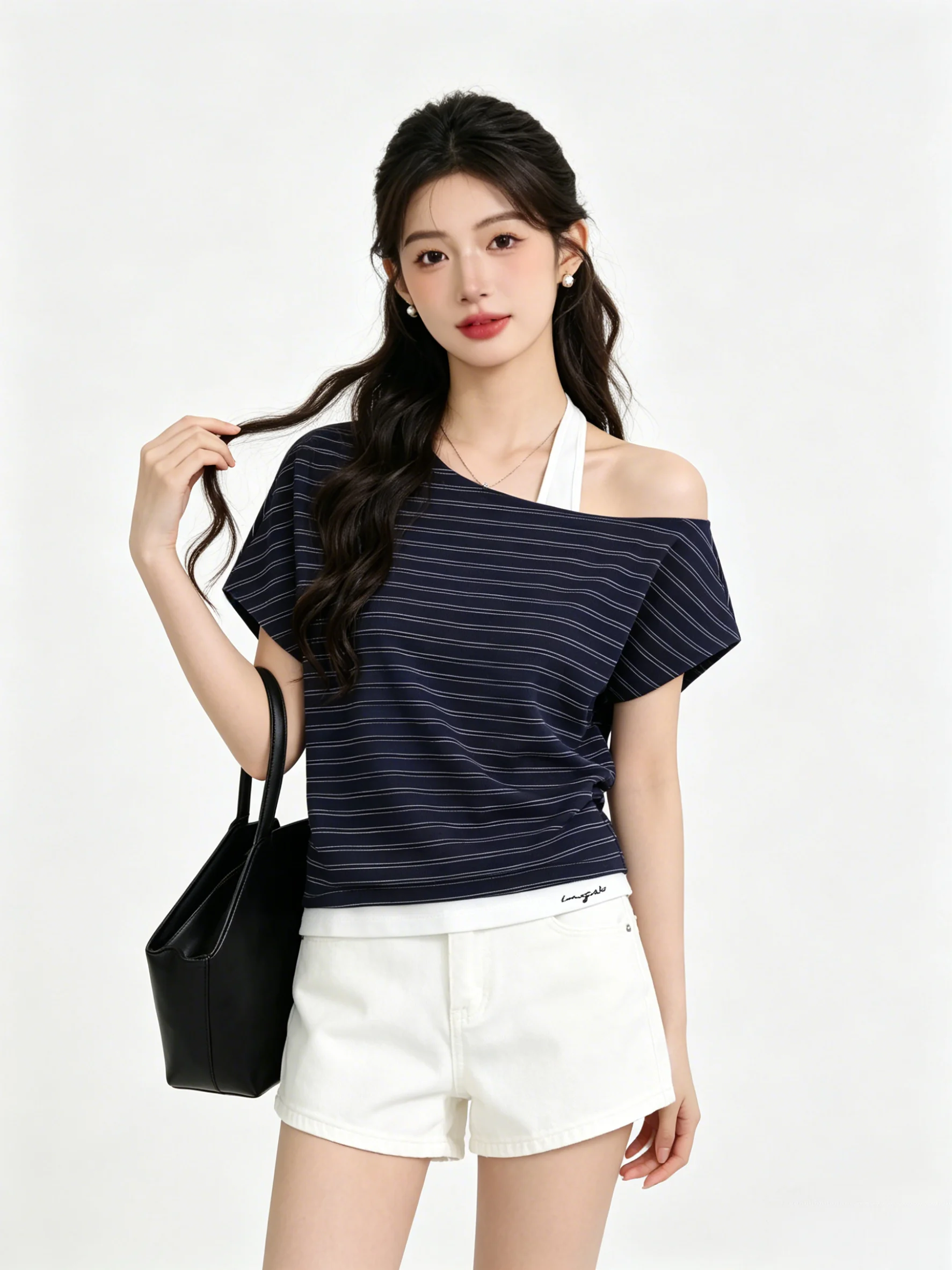 Retro Blue Striped Short Sleeve T-Shirt Women's Summer Casual Style Fake Two-Piece Neck Hanging Shoulder Ladies Top
Retro Blue Striped Short Sleeve T-Shirt Women's Summer Casual Style Fake Two-Piece Neck Hanging Shoulder Ladies Top