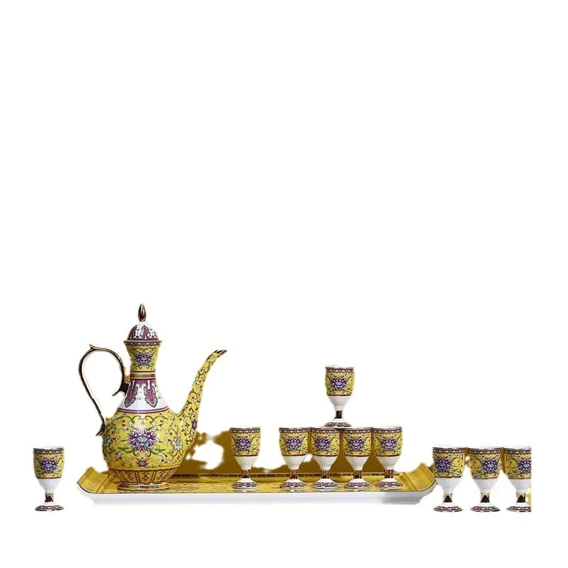 Chinese enamel ceramic wine set wine glass complete set with plate suet jade porcelain high-end wine pot gold-painted Baijiu
Chinese enamel ceramic wine set wine glass complete set with plate suet jade porcelain high-end wine pot gold-painted Baijiu