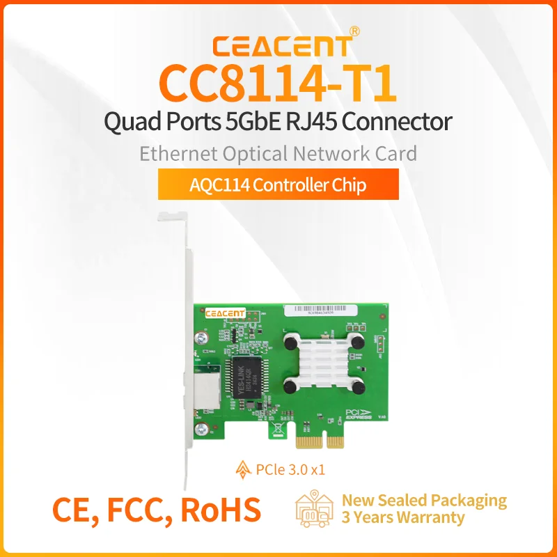 CC8114-T1 Настольная сетевая карта PCIe 3.0 x1 5 Гбит/с с 1 портами RJ45 с поддержкой 5GbE, 2.5GbE, 1GbE
CC8114-T1 Настольная сетевая карта PCIe 3.0 x1 5 Гбит/с с 1 портами RJ45 с поддержкой 5GbE, 2.5GbE, 1GbE