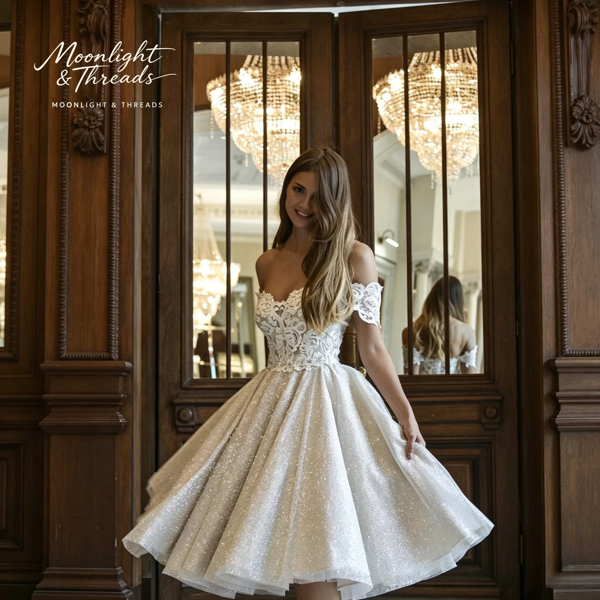 Stylish ivory off-the-shoulder strapless knee-length formal wedding dress featuring embroidery and sequin detailing
Stylish ivory off-the-shoulder strapless knee-length formal wedding dress featuring embroidery and sequin detailing
