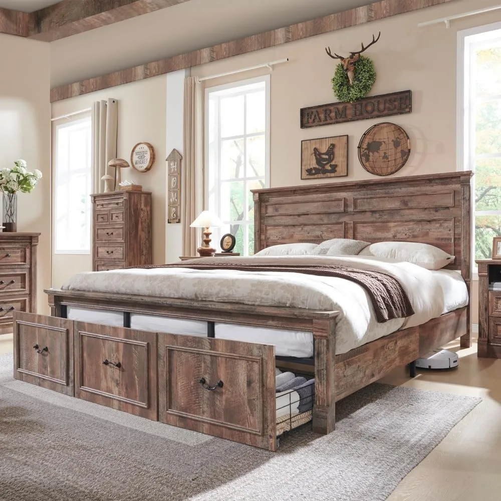 Farmhouse King Size Bed Frame with 51" Tall Headboard, Wood Platform Bed Frame 3 Large Storage Drawers, Beds Frames
Farmhouse King Size Bed Frame with 51" Tall Headboard, Wood Platform Bed Frame 3 Large Storage Drawers, Beds Frames