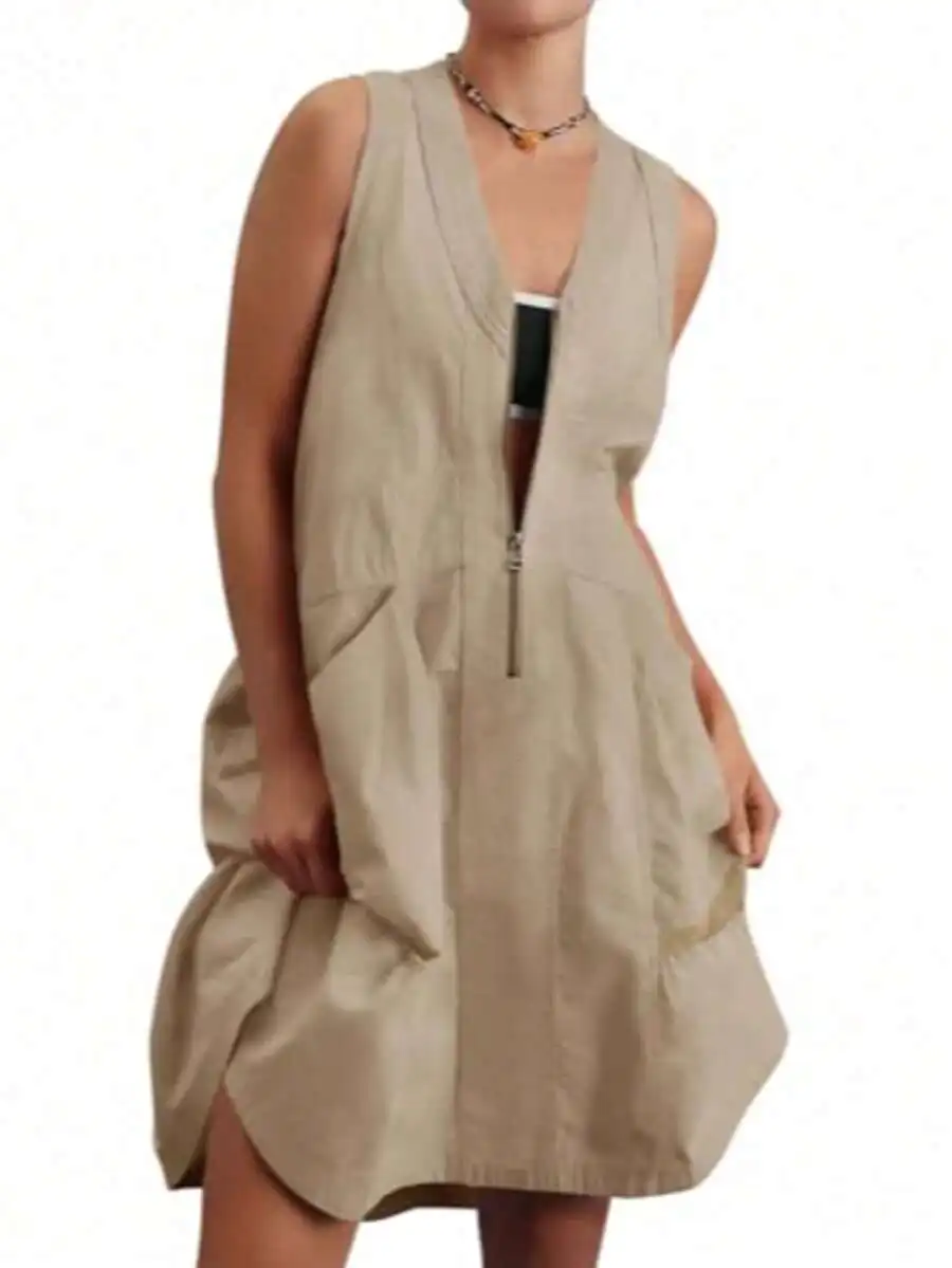 Womens Sleeveless V Neck Half Zip Mini Dress With Pockets Casual Utility Summer Dress
Womens Sleeveless V Neck Half Zip Mini Dress With Pockets Casual Utility Summer Dress