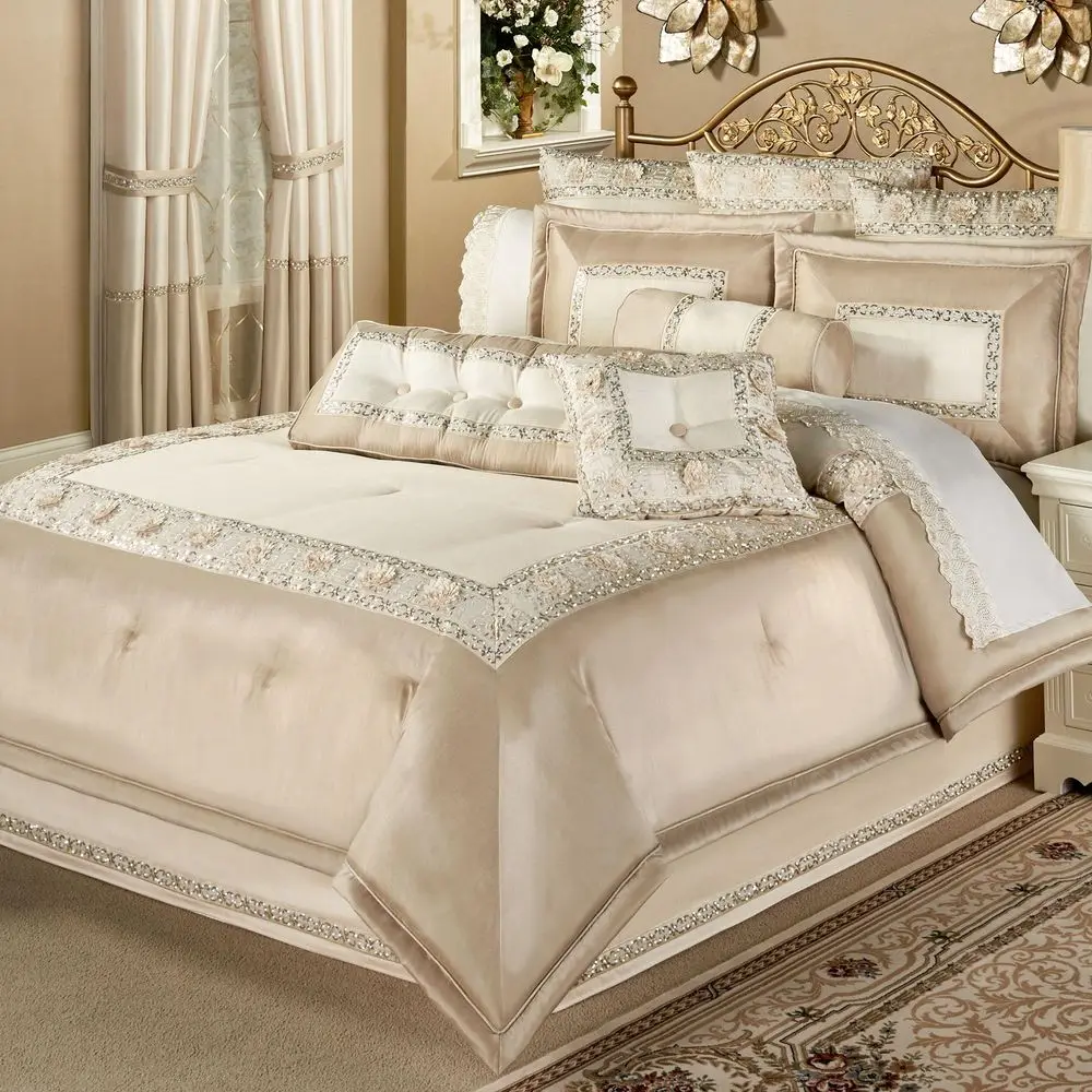 Elegante Sophisticated Polyester Faux Silk King Bedding Light Cream Ivory Metallic Gold Sequins Embroidery Floral 4 Piece Set i
Elegante Sophisticated Polyester Faux Silk King Bedding Light Cream Ivory Metallic Gold Sequins Embroidery Floral 4 Piece Set i