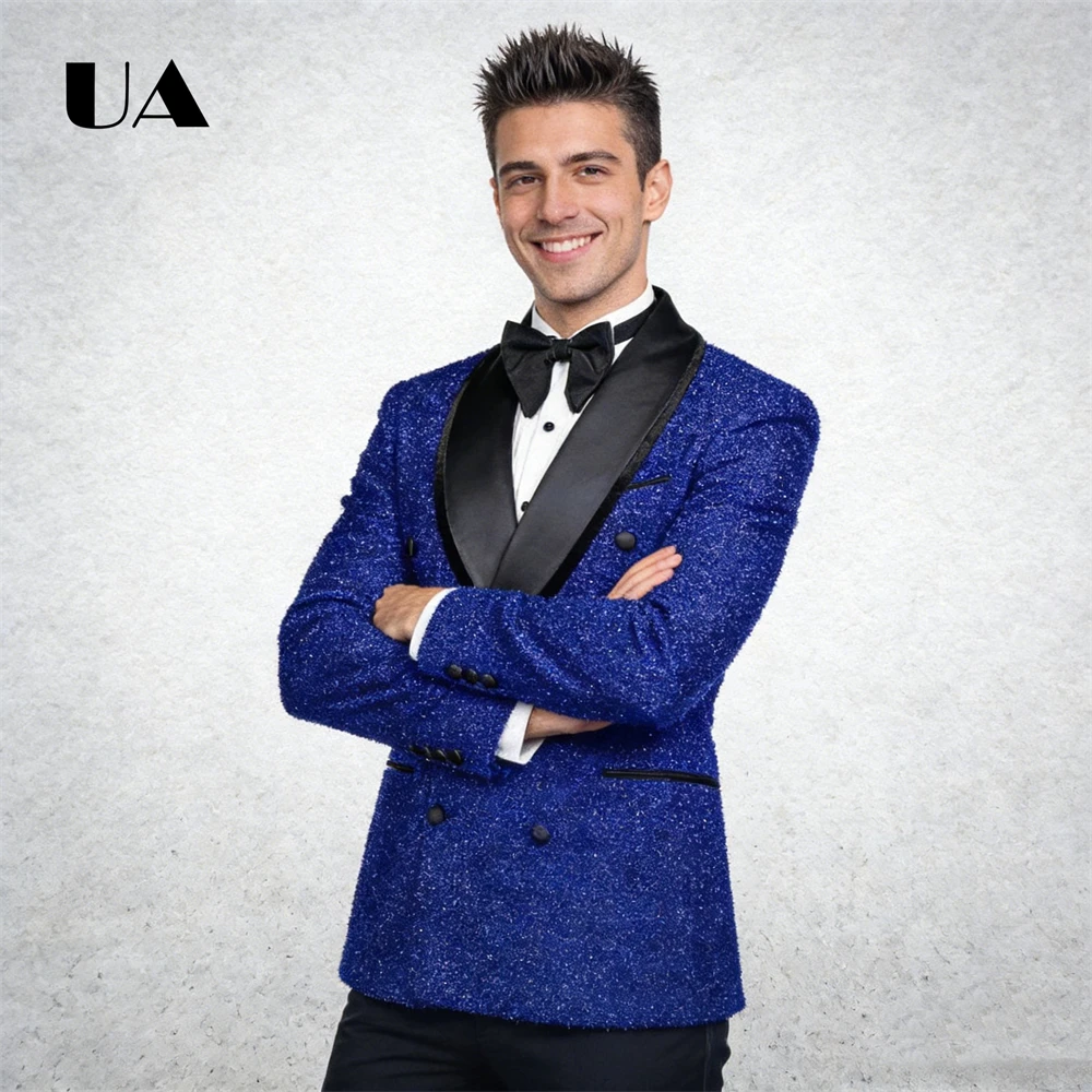 Блестящий модный костюмный комплект для мужчин, двубортный костюм для выступления на сцене, свадебные костюмы, куртка, брюки, облегающий смокинг
Блестящий модный костюмный комплект для мужчин, двубортный костюм для выступления на сцене, свадебные костюмы, куртка, брюки, облегающий смокинг