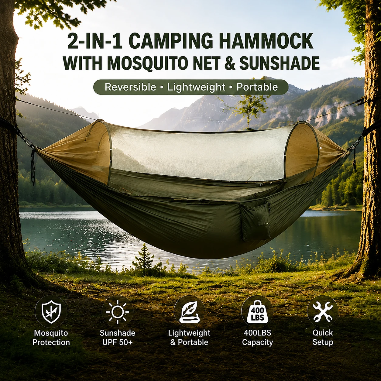 2-in-1 Camping Hammock with Mosquito Net Reversible Lightweight Portable Hammock with Sunshade for Outdoor Hiking & Backyard
2-in-1 Camping Hammock with Mosquito Net Reversible Lightweight Portable Hammock with Sunshade for Outdoor Hiking & Backyard