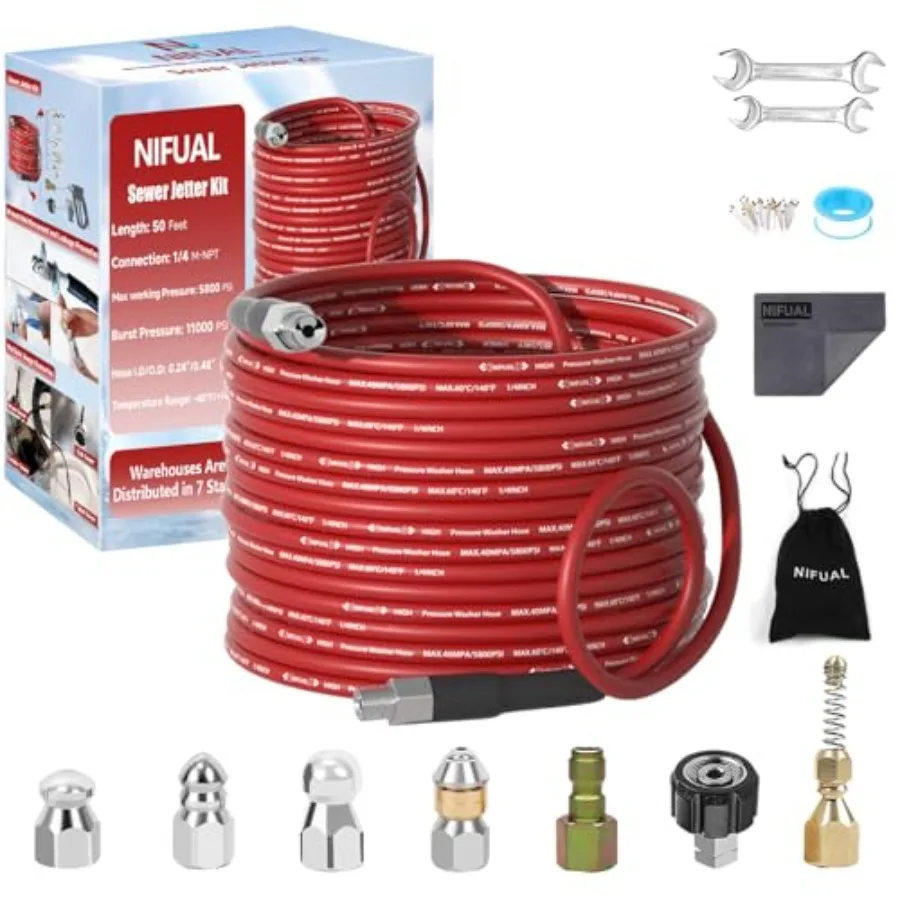 NIFUAL Sewer Jetter Kit for Pressure Washer 5800PSI Pressure Drain Cleaner 1/4 Inch NPT Corner Rotating and Button Hose Sewer J
NIFUAL Sewer Jetter Kit for Pressure Washer 5800PSI Pressure Drain Cleaner 1/4 Inch NPT Corner Rotating and Button Hose Sewer J