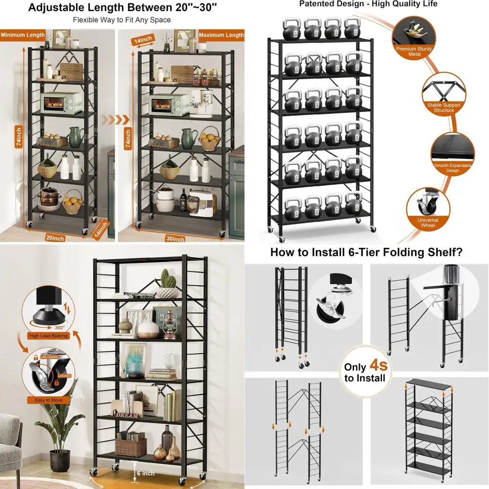 Expandable Metal Storage Shelves with Wheels, Adjustable Bookshelf, Collapsible Rack for Garage, Kitchen, Black
Expandable Metal Storage Shelves with Wheels, Adjustable Bookshelf, Collapsible Rack for Garage, Kitchen, Black