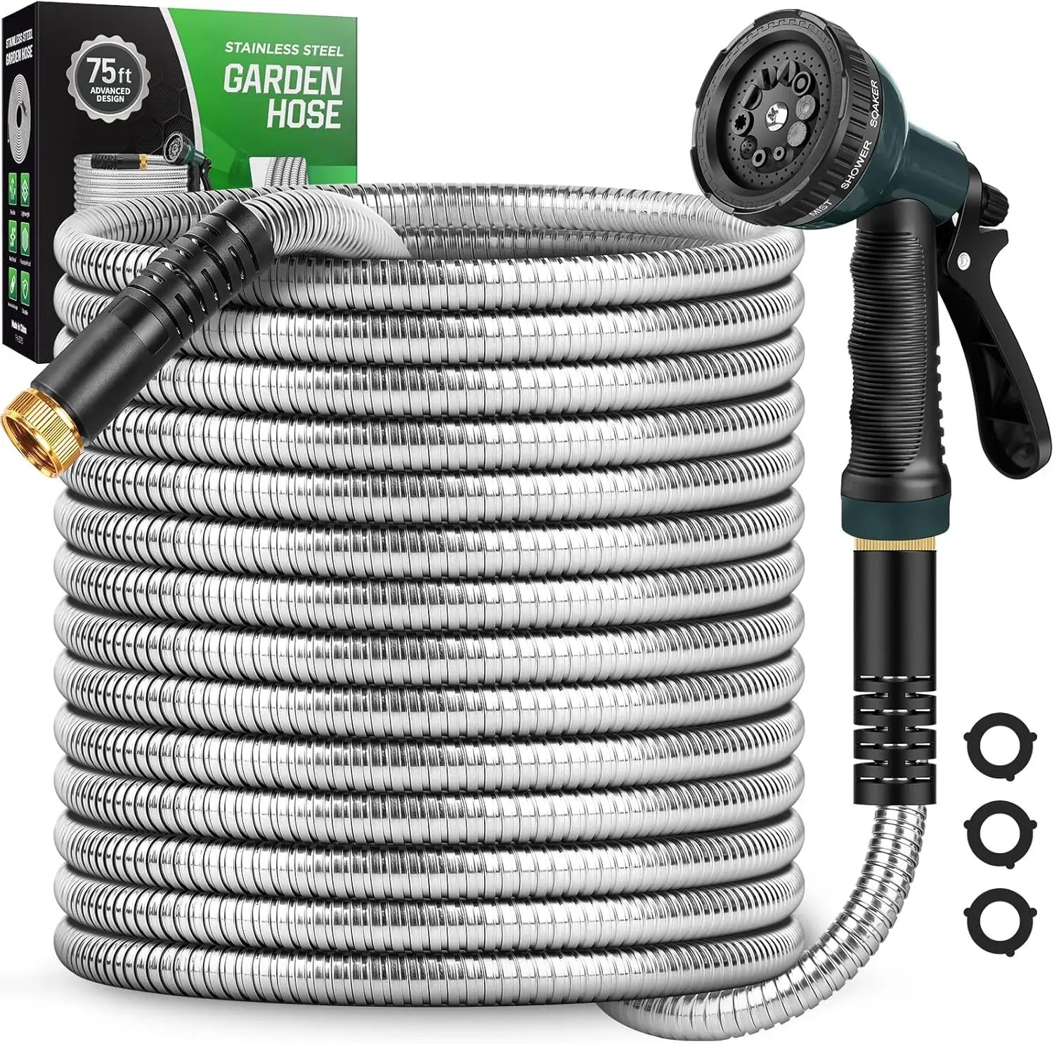 100FT Stainless Steel Garden Hose with 10-Function Nozzle, Leak-Proof, Kink-Free, Lightweight, Pet-Resistant, 3/4 GHT
100FT Stainless Steel Garden Hose with 10-Function Nozzle, Leak-Proof, Kink-Free, Lightweight, Pet-Resistant, 3/4 GHT