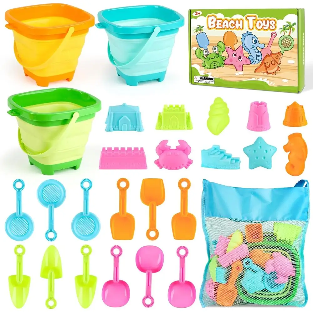 Collapsible Sand Toys for Kids 3-10, 3 Pack Foldable Buckets, 24 Beach Molds & Shovels, Travel Sandbox with Mesh Bag
Collapsible Sand Toys for Kids 3-10, 3 Pack Foldable Buckets, 24 Beach Molds & Shovels, Travel Sandbox with Mesh Bag