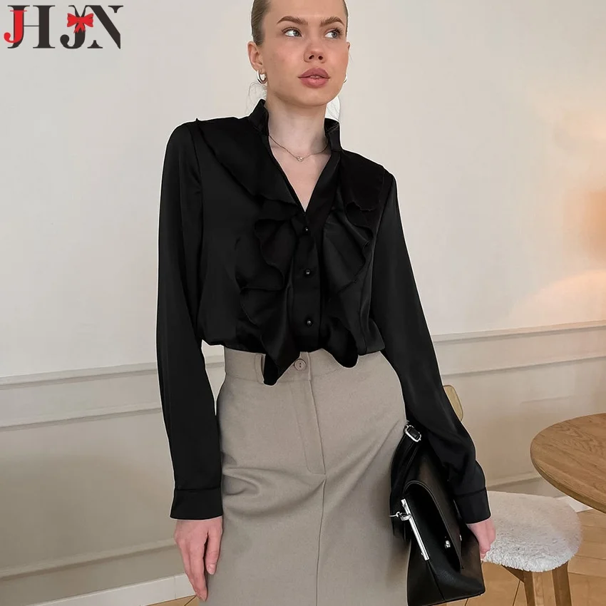 JHJN Черные женские рубашки Французская атласная блузка с воротником-стойкой и длинными рукавами Рубашка с краем листьев лотоса Элегантная офисная женская верхняя рубашка
JHJN Черные женские рубашки Французская атласная блузка с воротником-стойкой и длинными рукавами Рубашка с краем листьев лотоса Элегантная офисная женская верхняя рубашка