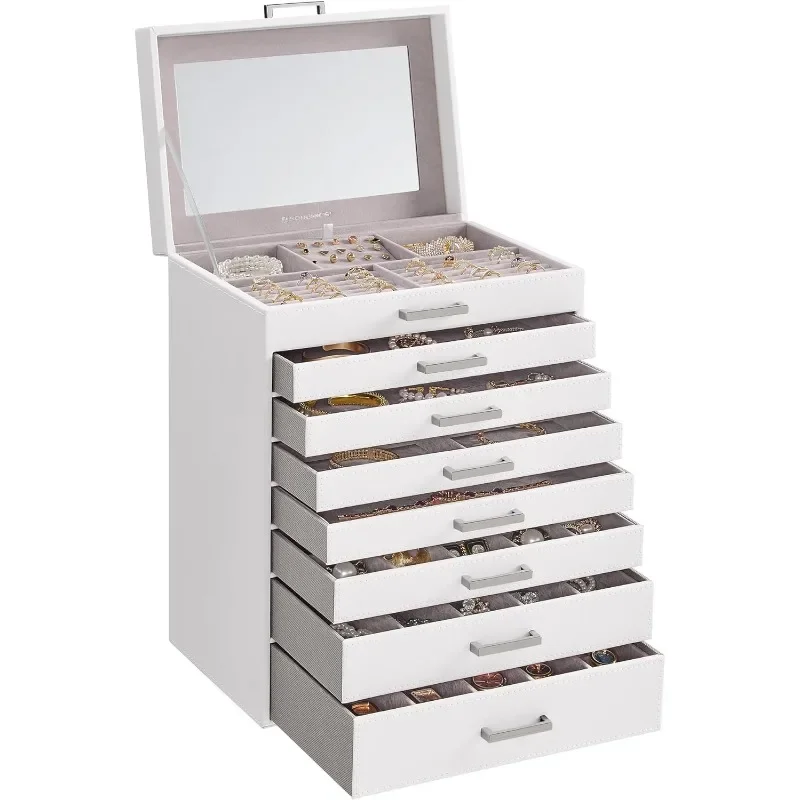 Белая шкатулка для драгоценностей, 8-уровневый органайзер с 7 ящиками и большим зеркалом, современный футляр для хранения для женщин, подарок для девочек с замком
Белая шкатулка для драгоценностей, 8-уровневый органайзер с 7 ящиками и большим зеркалом, современный футляр для хранения для женщин, подарок для девочек с замком