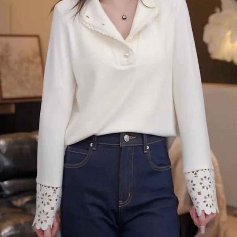 Сплошной цветной пуловер, женский элегантный кружевной полуоткрытый воротник, свободная и универсальная рубашка-топ
Сплошной цветной пуловер, женский элегантный кружевной полуоткрытый воротник, свободная и универсальная рубашка-топ