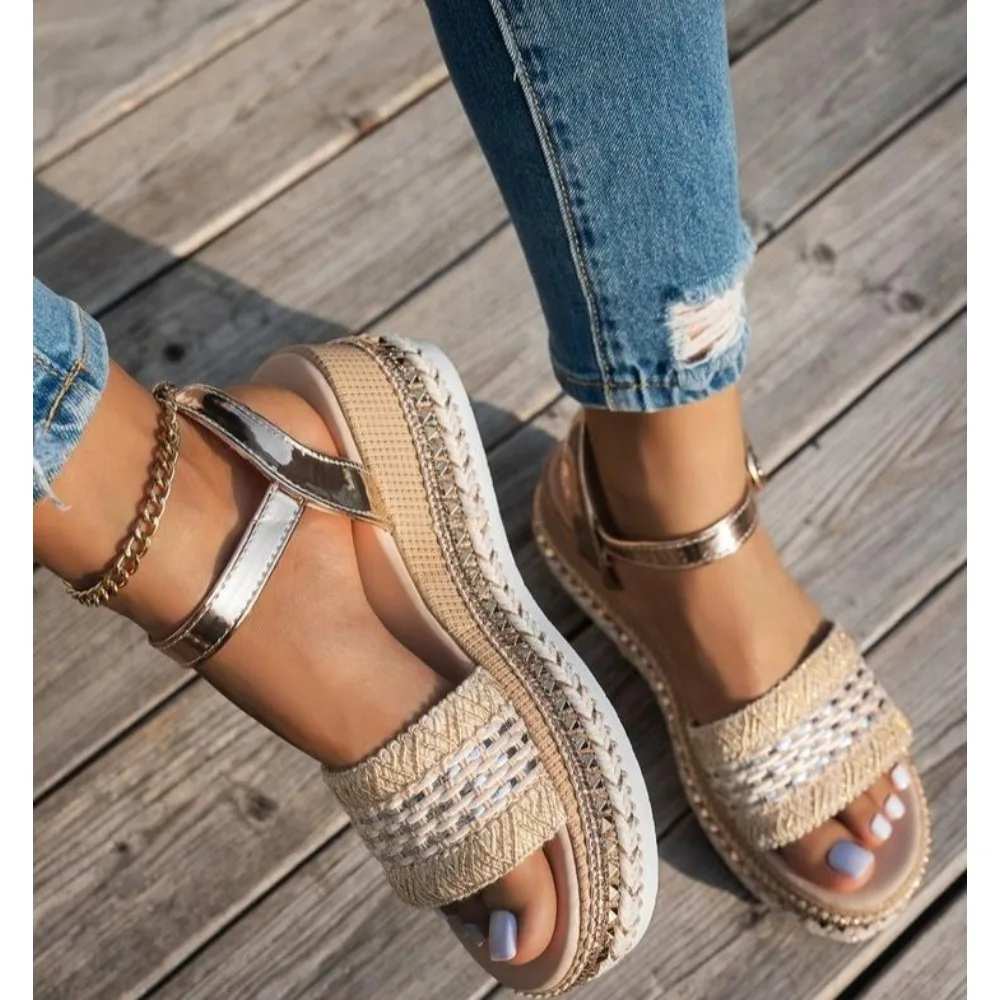 Gold Platform Wedgs Sandals Women Summer Woven Rivets Thick Bottom Sandles Woman Fashion Crystal Ankle Buckle Sandalias Mujer 42
Gold Platform Wedgs Sandals Women Summer Woven Rivets Thick Bottom Sandles Woman Fashion Crystal Ankle Buckle Sandalias Mujer 42