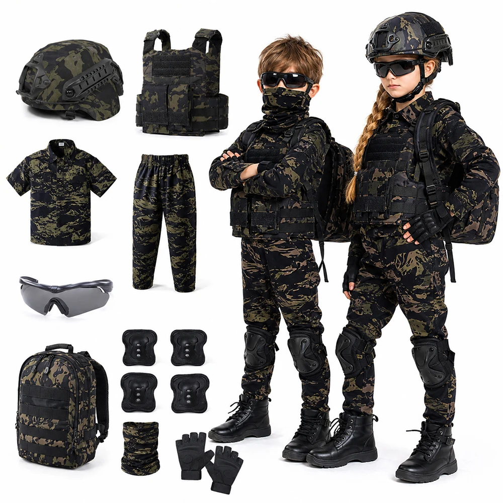 Kids Tactical Camo Suit Boys Girls Children's Day Performance Costume Short Sleeve Cargo Suit for Cosplay Role-Play Activities
Kids Tactical Camo Suit Boys Girls Children's Day Performance Costume Short Sleeve Cargo Suit for Cosplay Role-Play Activities