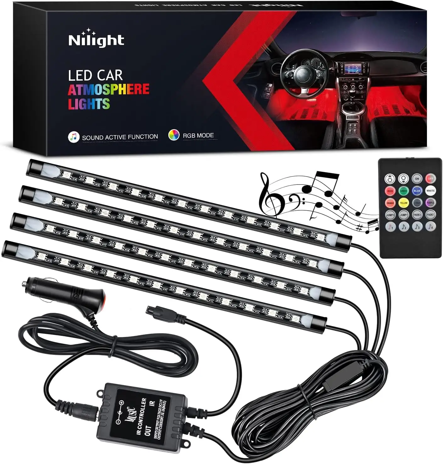 Nilight - TR-06 4PCS 48 LED Interior Lights DC 12V Multicolor Music Car Strip Light Under Dash Lighting Kit with Sound Active Function and Wireless Remote Control
Nilight - TR-06 4PCS 48 LED Interior Lights DC 12V Multicolor Music Car Strip Light Under Dash Lighting Kit with Sound Active Function and Wireless Remote Control