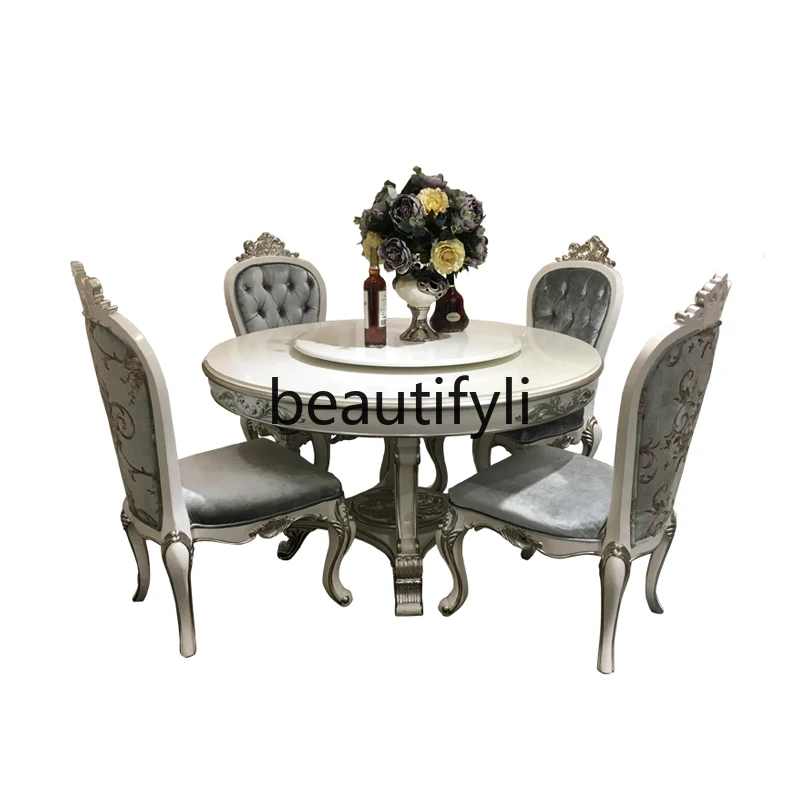 French solid wood round dining table dining chair combination chair palace simple luxury carved restaurant
French solid wood round dining table dining chair combination chair palace simple luxury carved restaurant
